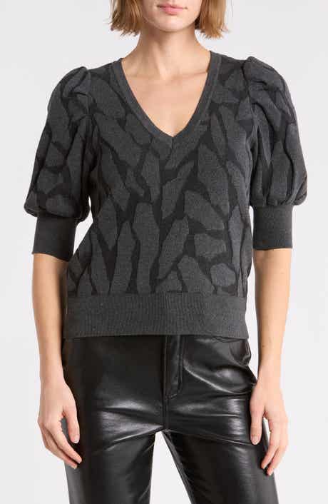 Puff Sleeve Textured V-Neck Sweater
