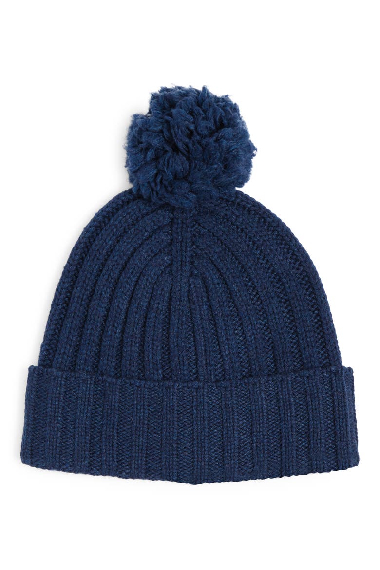 Pompom Solid Rib Knit Beanie - Unisex, Alternate, color, NAVY