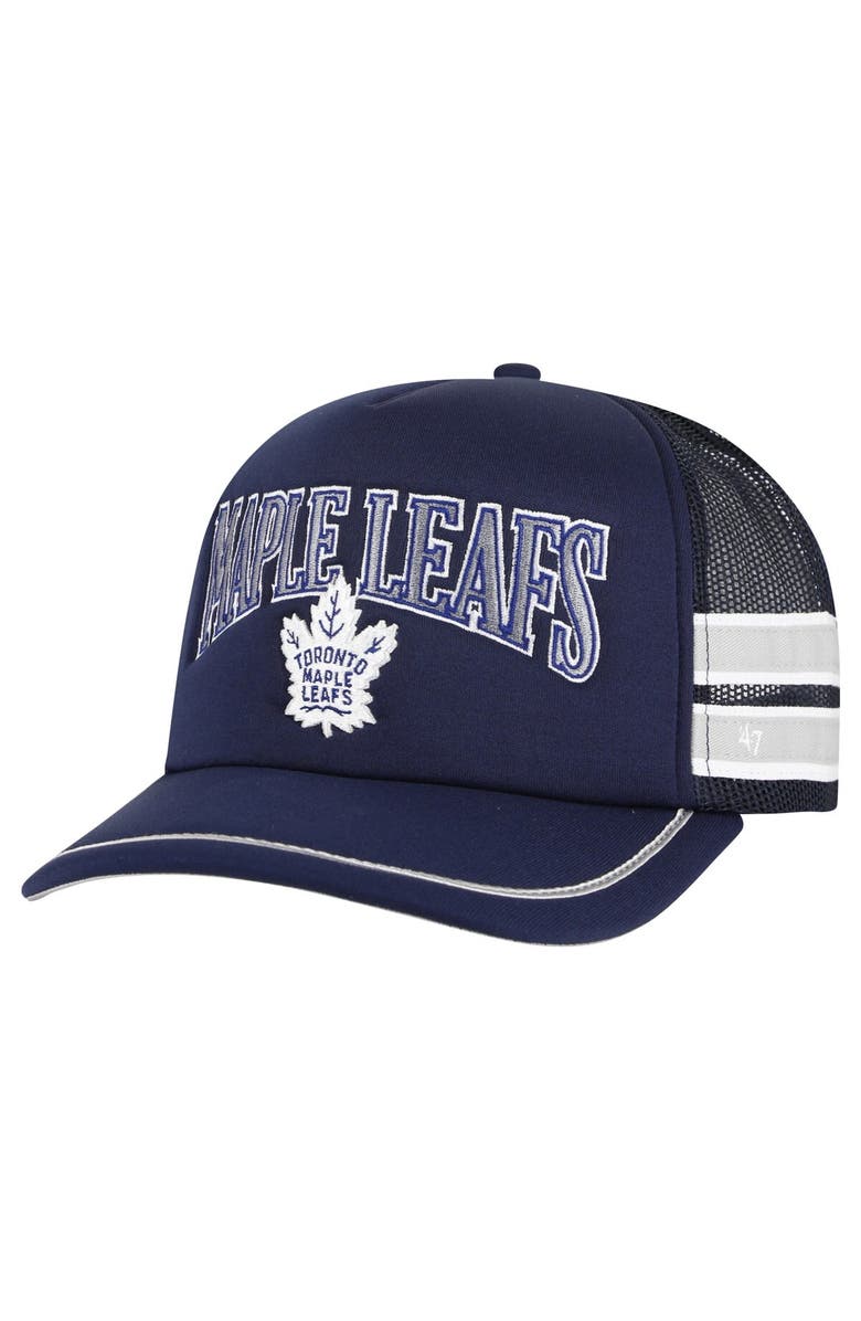 '47 Men's '47 Navy Toronto Maple Leafs Sideband Stripes Trucker Snapback Hat, Main, color,
