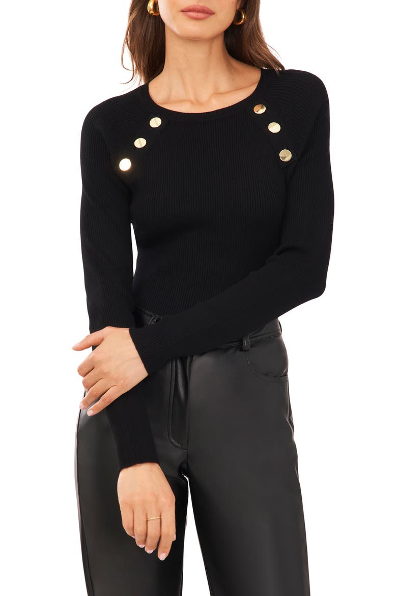 Gold Button Rib Sweater, Main, color, RICH BLACK 060