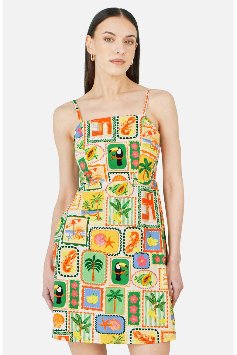 Postcard Print Mini Sun Dress, Main, color, Multi