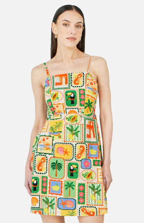 Postcard Print Mini Sun Dress