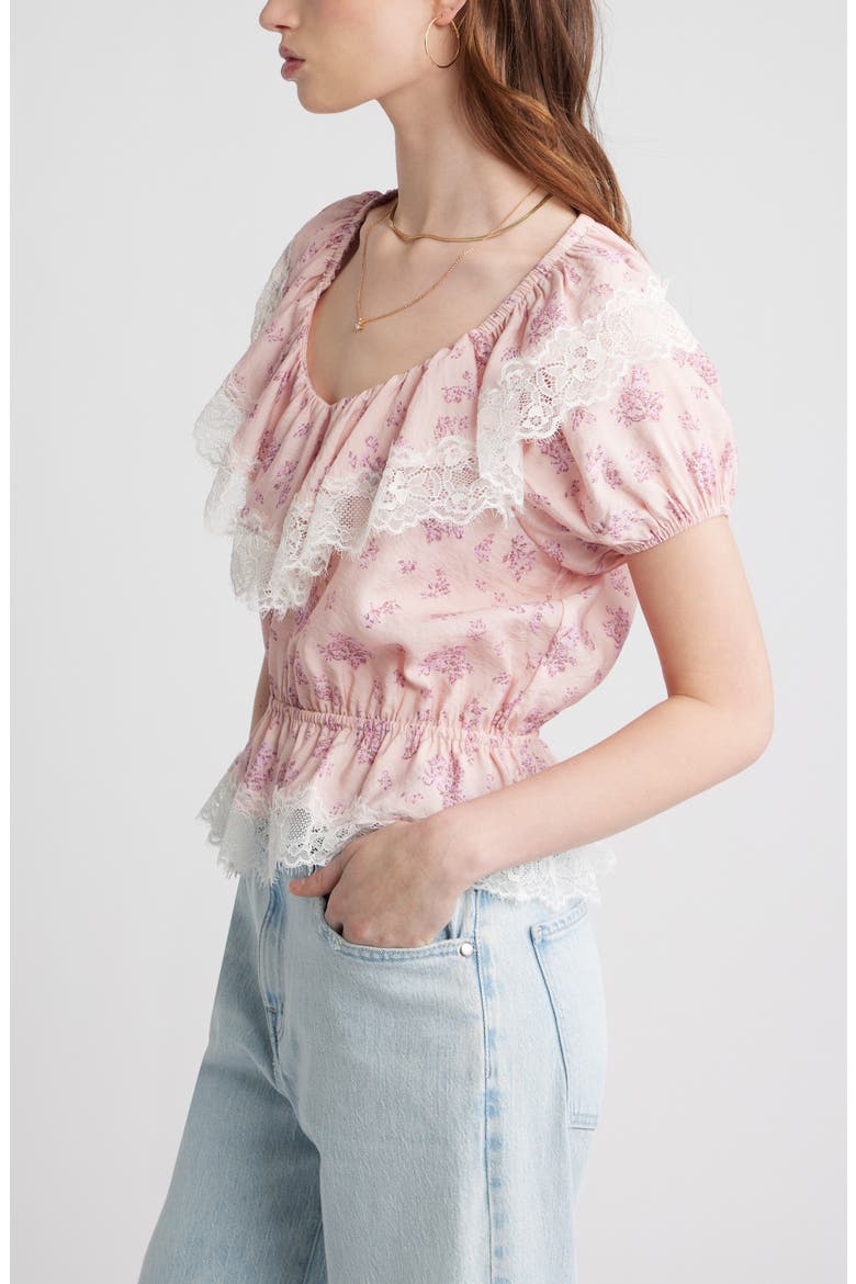 Lace Trim Puff Sleeve Peplum Top, Alternate, color, PINK LAYERED SPRIGS
