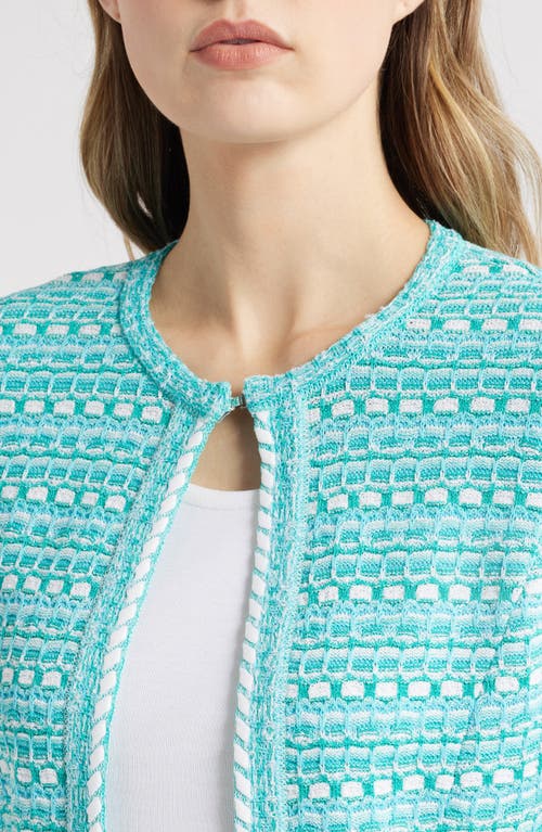 Ming Wang Mixed Stitch Short Sleeve Cardigan In Emerald Awe/calypso Blue