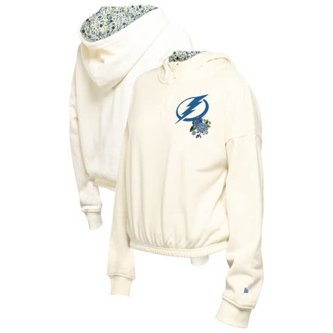 Women's New Era Cream Tampa Bay Lightning Glam Game Quarter-Zip Cropped Floral Hoodie Pullover