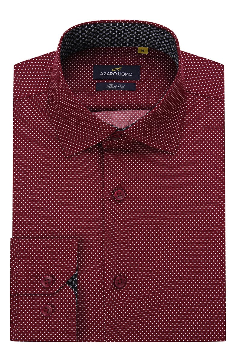 Azaro Uomo Slim Fit Dot Print Performance Button-Up Shirt, Alternate, color, Burgundy