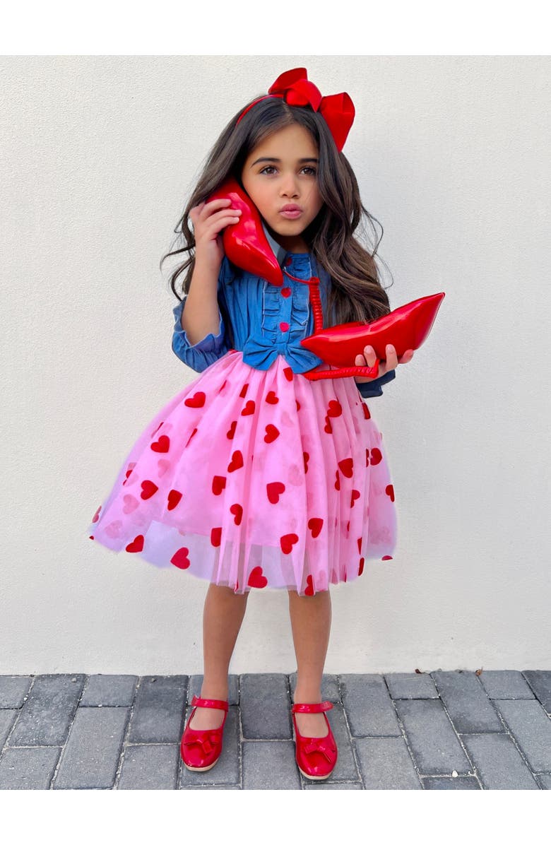 Mia Belle Girls Twirl Into My Heart Chambray Tutu Dress, Alternate, color, Red