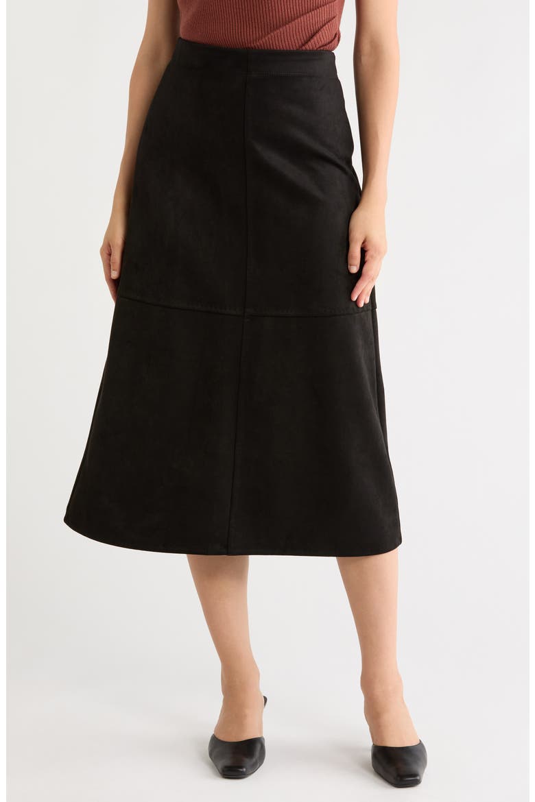 Faux Suede A-Line Midi Skirt, Main, color, BLACK