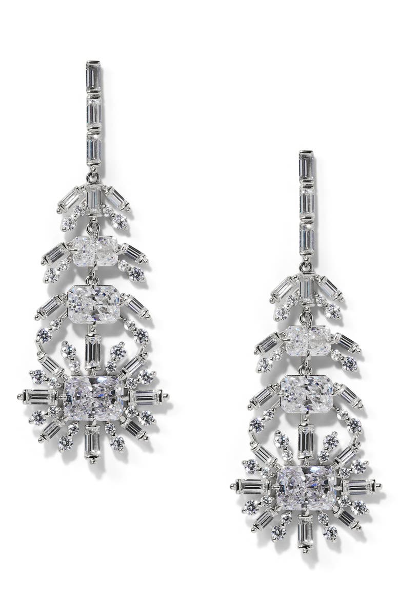 Nadri Stellar Feather Cubic Zirconia Drop Earrings, Main, color, Rhodium