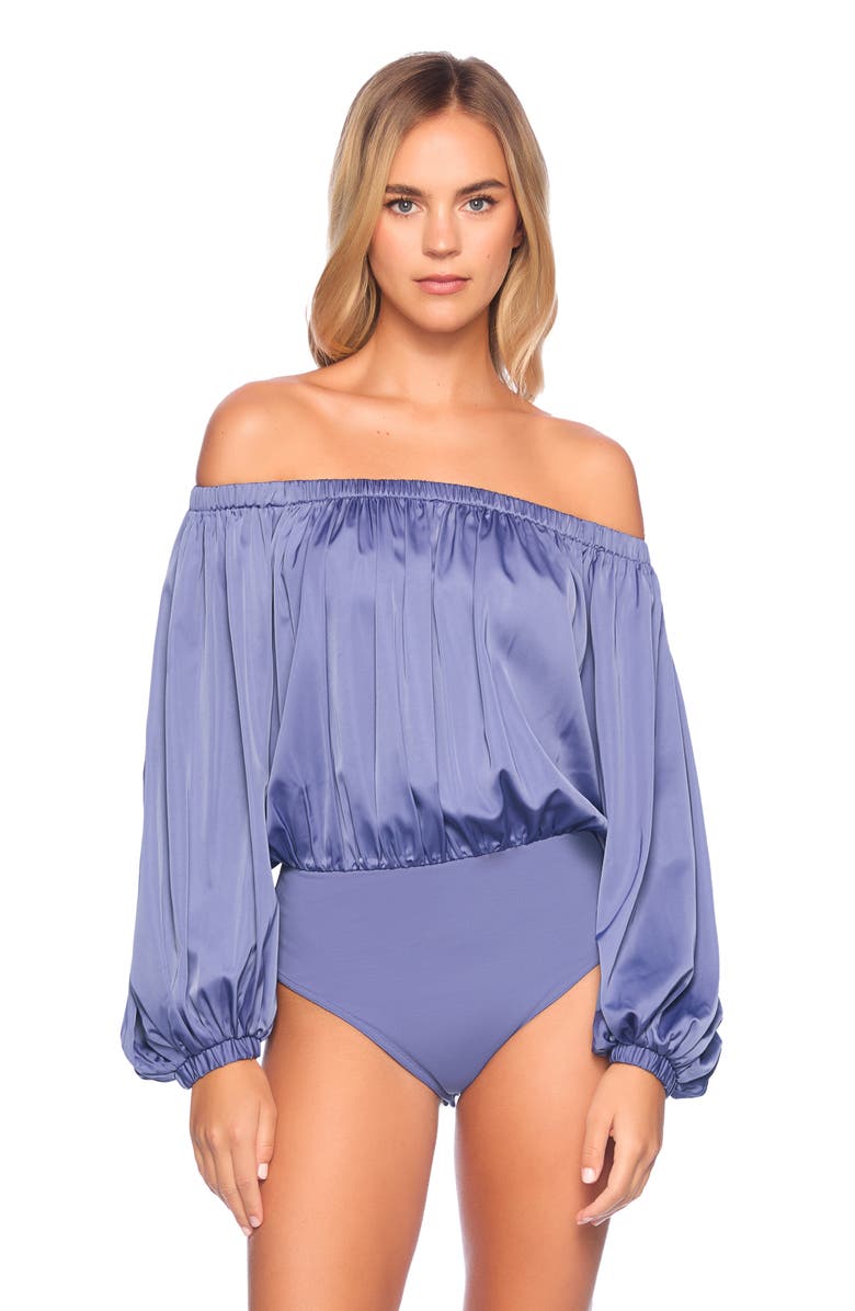 Susana Monaco Off the Shoulder Matte Satin Blouson Bodysuit, Alternate, color, Mediterranean