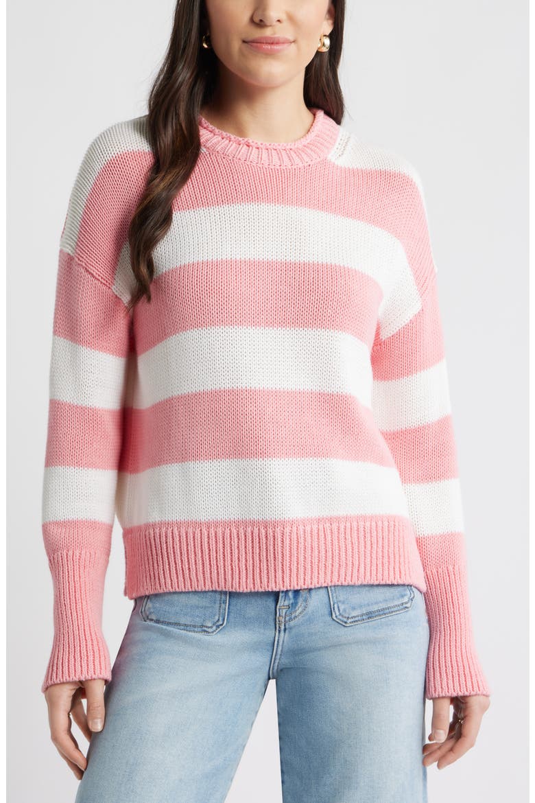 Stripe Roll Neck Cotton Sweater, Main, color, PINK DIANTHUS- WHITE STRIPE