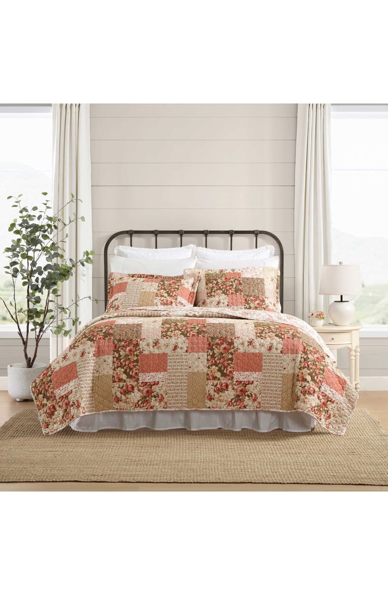 Laura Ashley Harrietta Patchwork Cotton Quilt & Sham 3-Piece Set, Alternate, color, Rosewood/ Gold