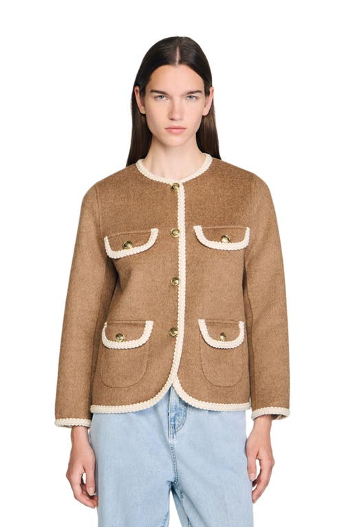 Sandro Womens Dark Blond Round-neck Four-pocket Wool-blend Jacket In Brown
