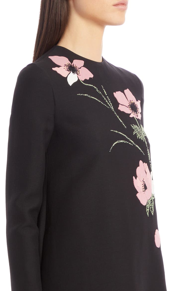 Beaded Floral Intarsia Long Sleeve Wool & Silk Minidress, Alternate, color, NERO
