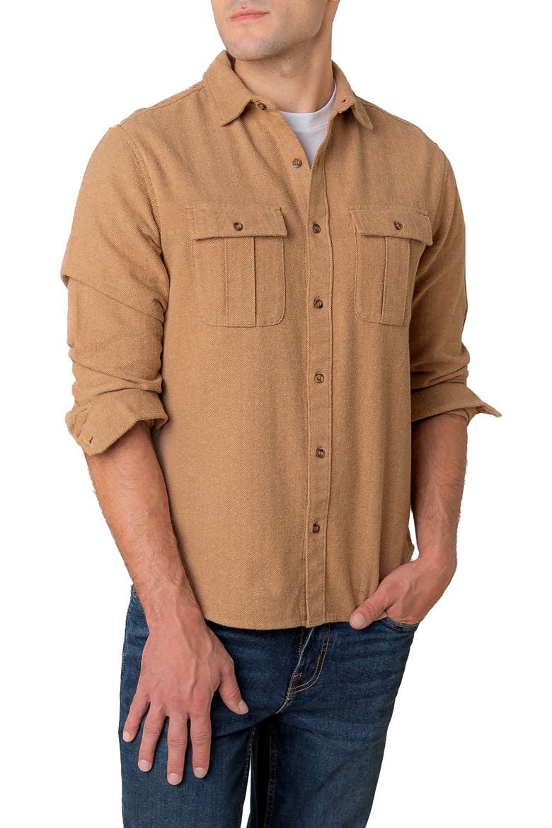 Organic Flannel Double Pocket Button Down Shirt, Main, color, Camel Herringbone