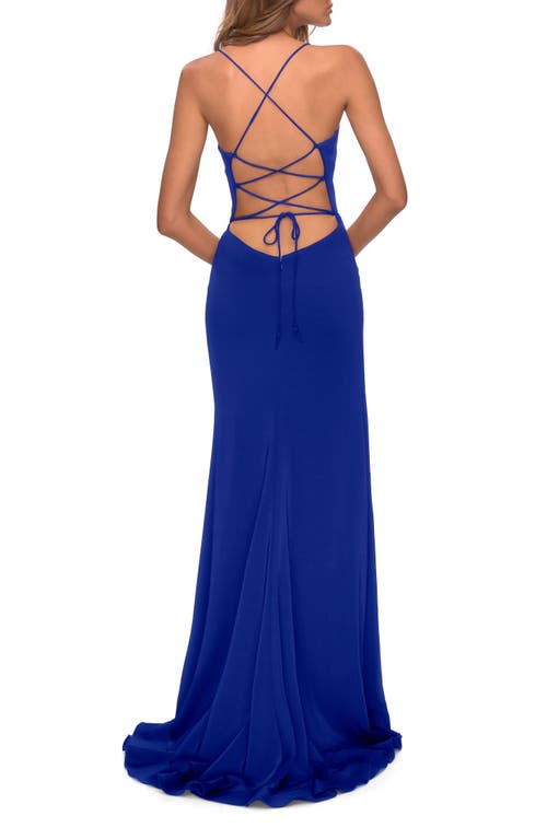 La Femme Ruffle Prom Dress With Scoop Neck And Lace Up Back In Royal Blue
