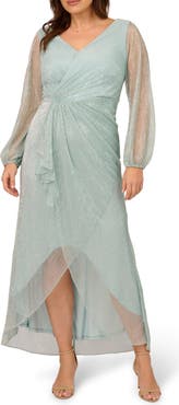 Adrianna Papell Metallic Long Sleeve Mesh High-Low Cocktail Dress