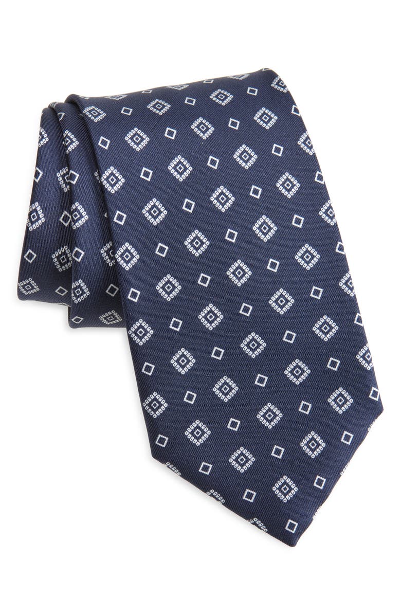 Brioni Geo Print Standard Silk Tie, Main, color, Navy/ White