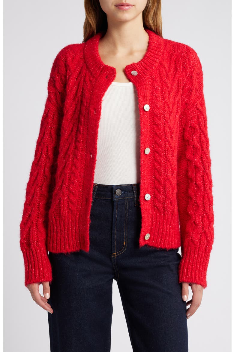 Amelie Cable Wool & Alpaca Blend Cardigan, Alternate, color, SCARLET