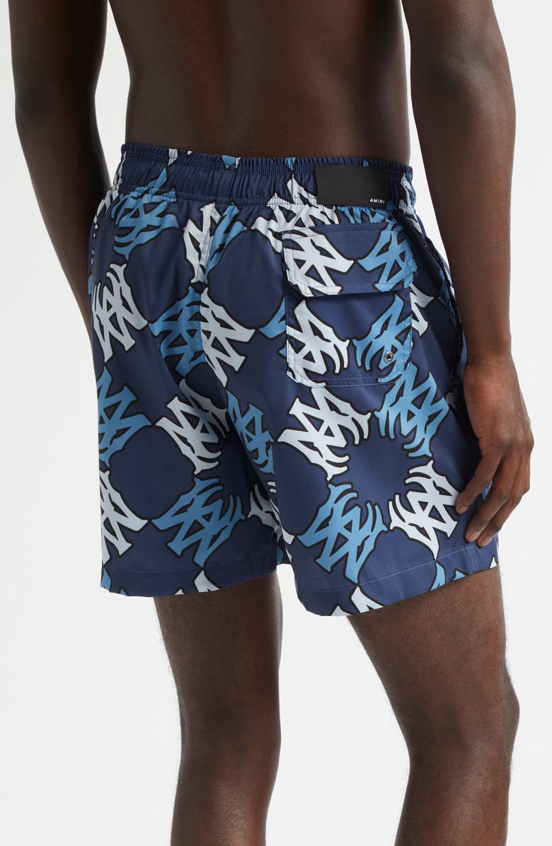 AMIRI MA Quad Monogram Print Swim Trunks, Main, color, Midnight Blue