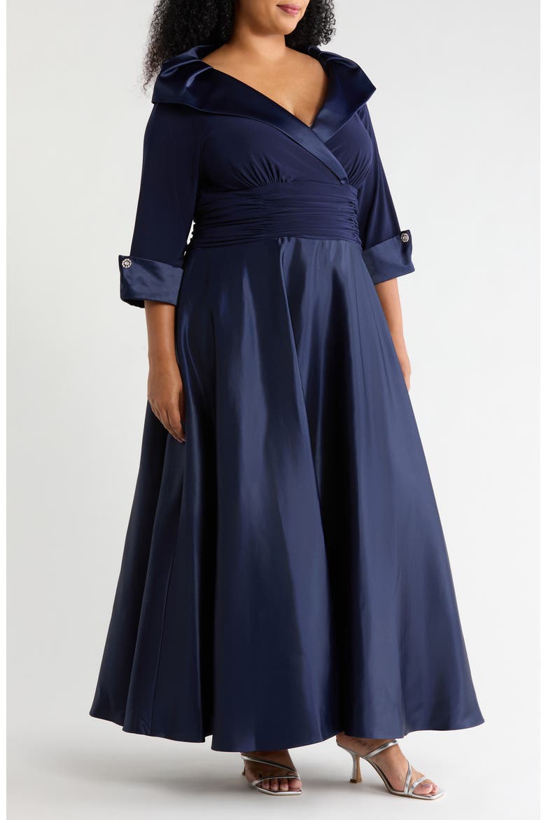 Rhinestone Button Cuff Sleeve Mixed Media Gown, Alternate, color, NAVY