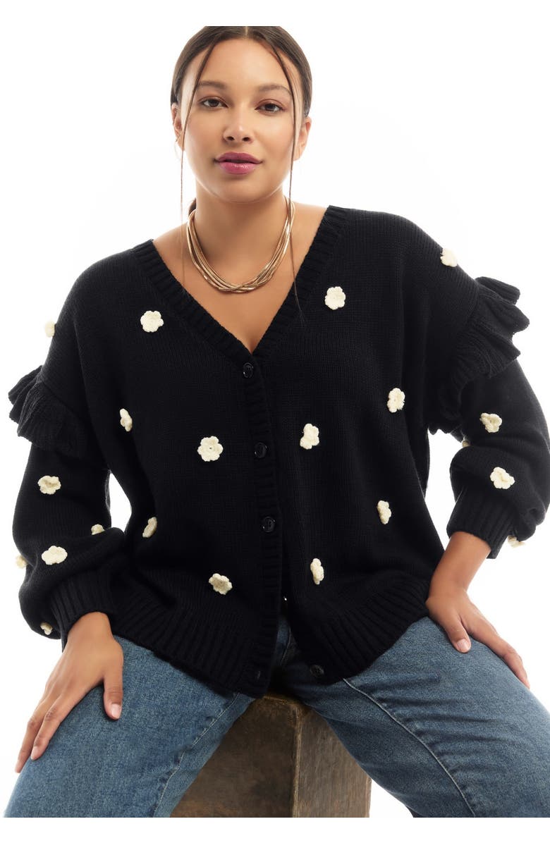 June + Vie Ruffle-Sleeve Cardigan, Alternate, color, Black Onyx