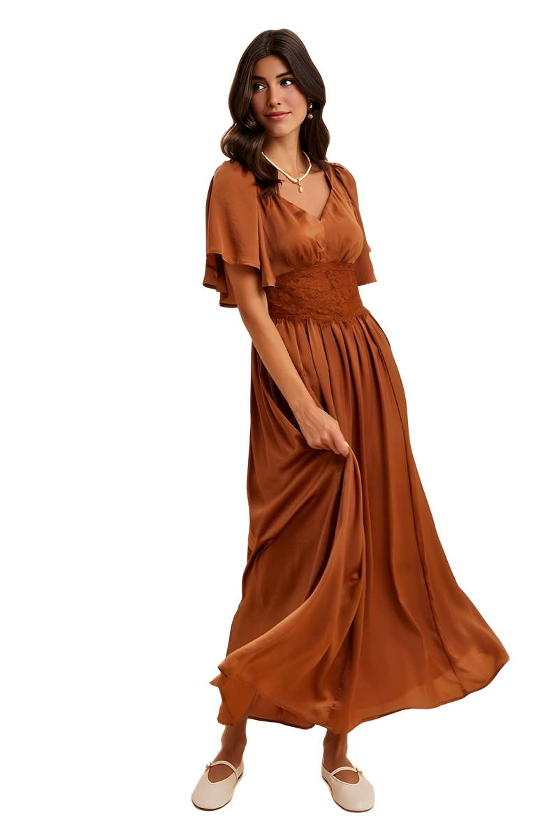 Knit and Lounge Lace Waist Flutter Sleeve Maxi Dress, Alternate, color, Rust