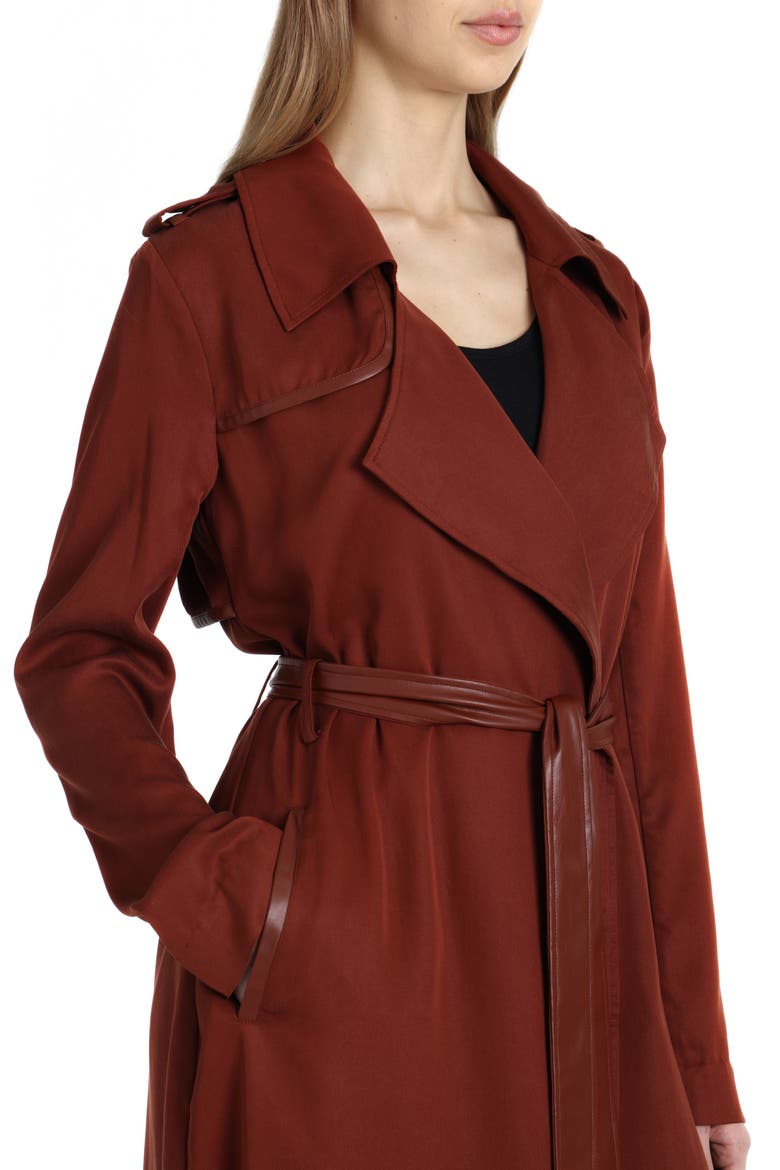Badgley Mischka Faux Leather Trim Long Trench Coat, Alternate, color, SAHARA