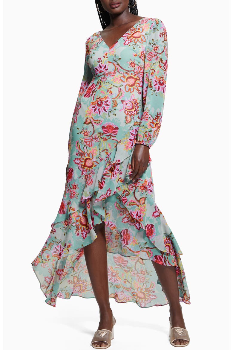 Sheila Print Ruffle Long Sleeve High-Low Maxi Dress, Main, color, SERENE MOSAIC