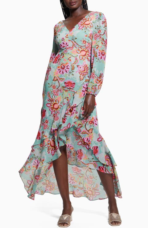 Sheila Print Ruffle Long Sleeve High-Low Maxi Dress