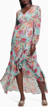 GUESS Sheila Print Ruffle Long Sleeve High-Low Maxi Dress