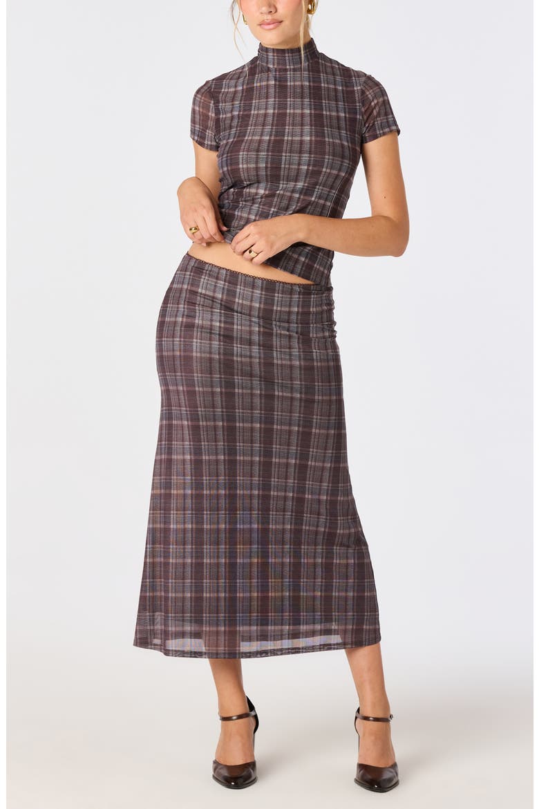 Baila Plaid Mesh Midi Skirt, Alternate, color, BROWN BLUE PLAID