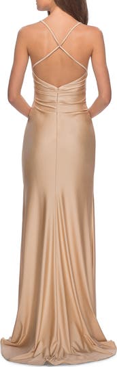 Long Homecoming Dress with Slit and Criss Cross Back