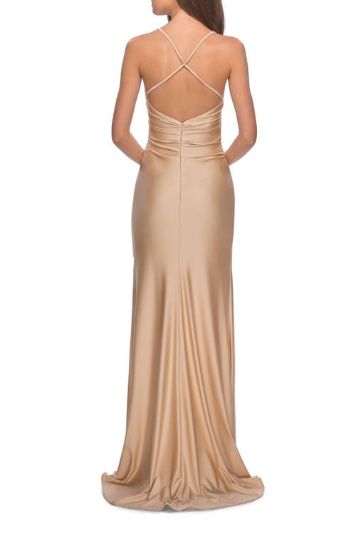 La Femme Long Homecoming Dress With Slit And Criss Cross Back