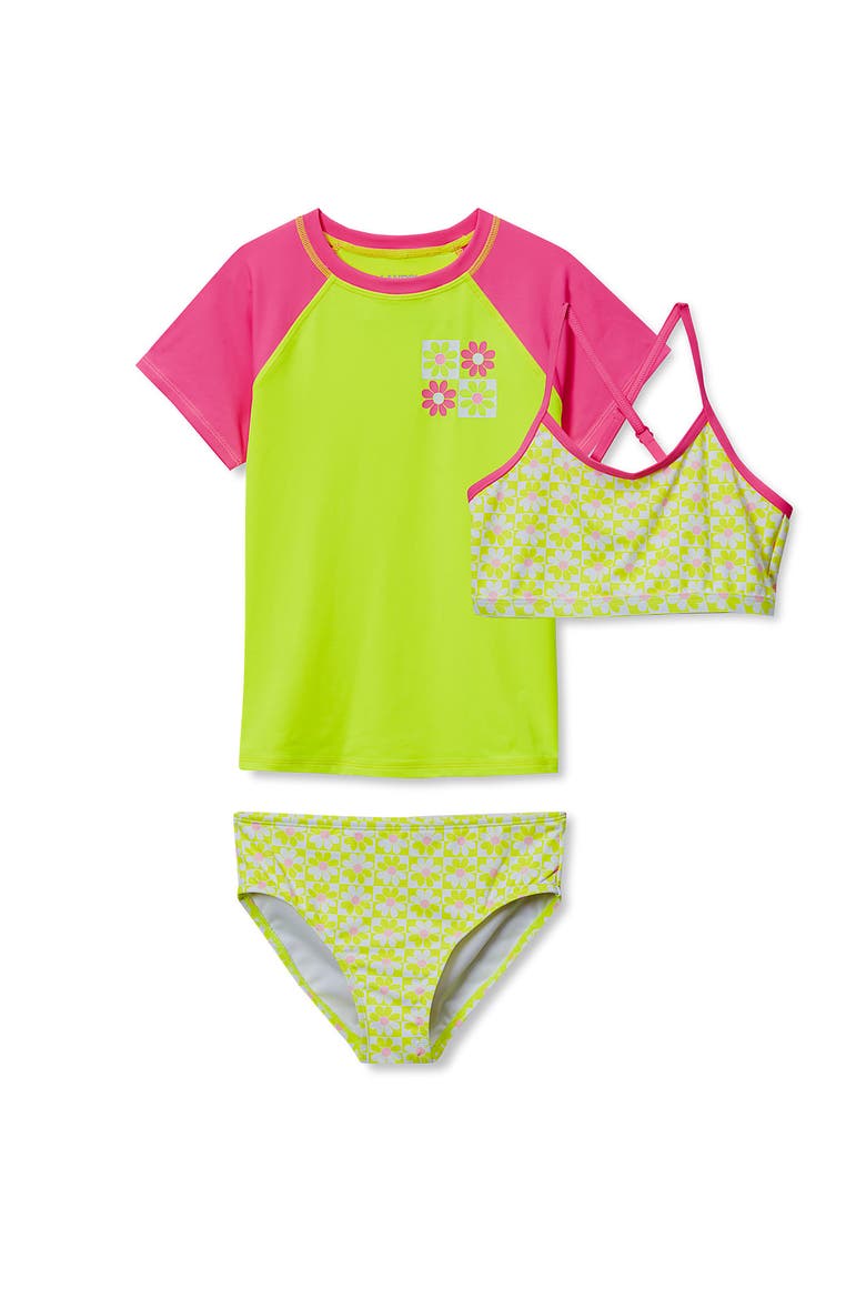 Girls Chlorine Resistant Short Sleeve Rash Guard Swim Top and Bikini Set, Main, color, Neon Yellow Floral Check