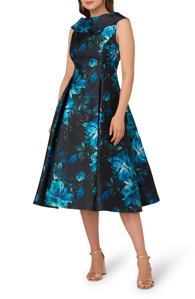 Adrianna Papell Roll Neck Taffeta Fit & Flare Dress, Main, color, Navy Multi