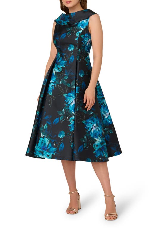 Adrianna Papell Roll Neck Taffeta Fit & Flare Dress In Blue