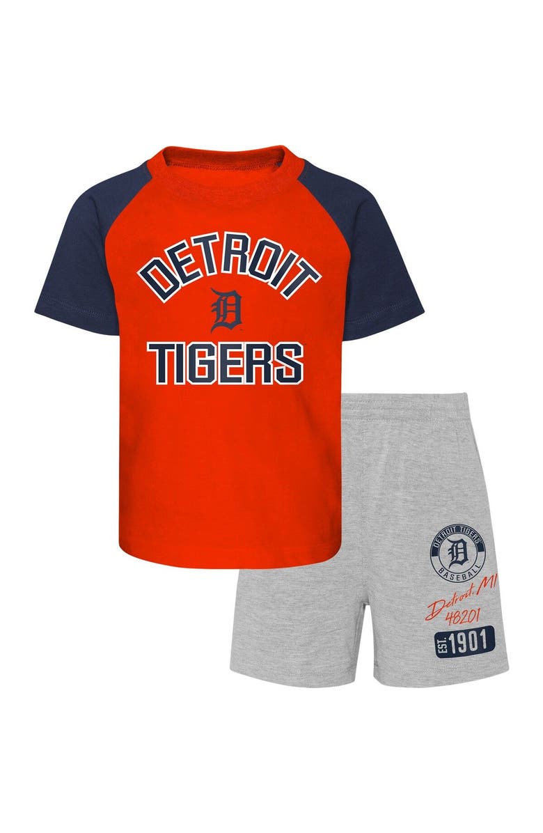 Outerstuff Preschool Detroit Tigers Orange/Heather Gray Groundout Baller Raglan T-Shirt & Shorts Set, Main, color,