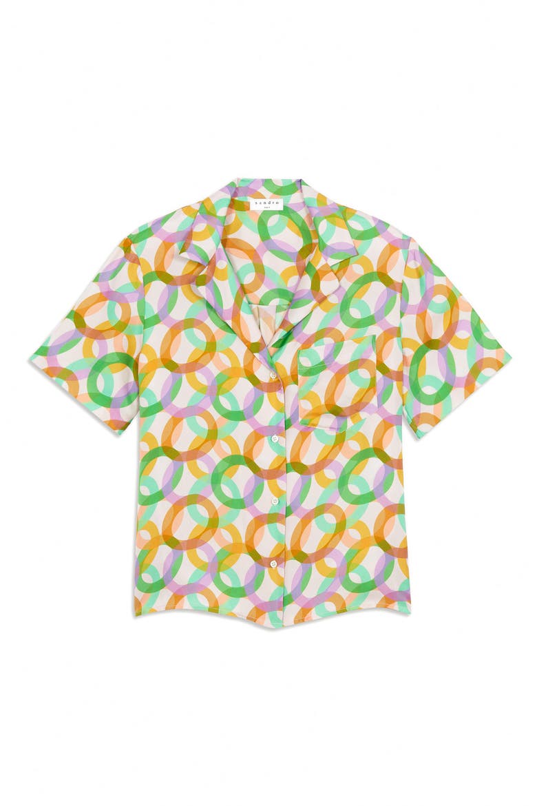 Caledonia Circle Print Short Sleeve Silk Button-Up Shirt, Main, color, PURPLE