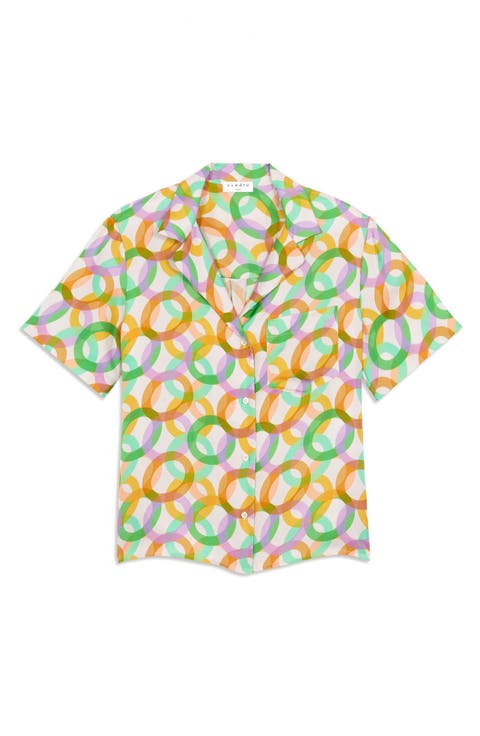 sandro Caledonia Circle Print Short Sleeve Silk Button-Up Shirt