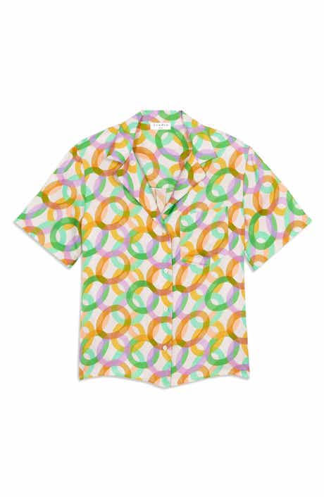 sandro Caledonia Circle Print Short Sleeve Silk Button-Up Shirt