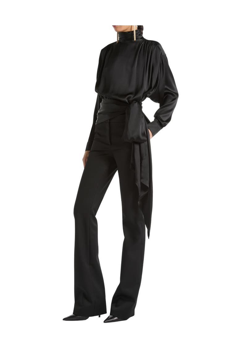 Silk satin blouse with tie detail, Main, color, black