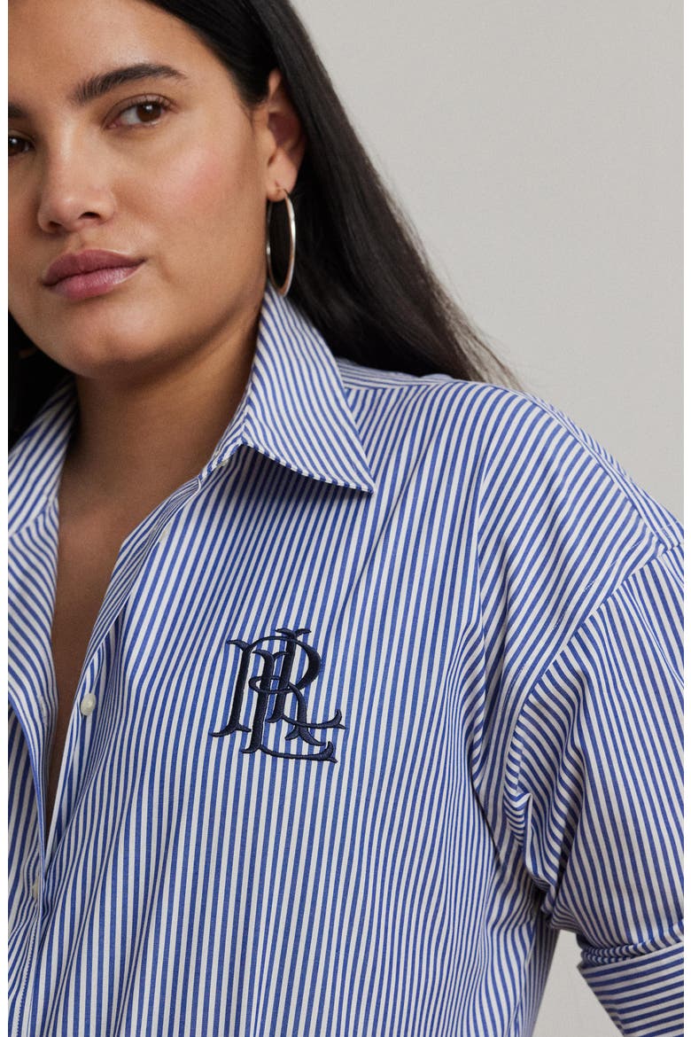 Embroidered Logo Detail Stripe Stretch Cotton Button-Up Shirt, Alternate, color, BLUE/ WHITE