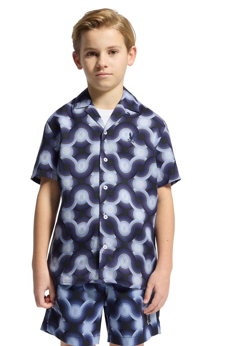 Psycho Bunny Kids' Paros Print Cotton Camp Shirt, Alternate, color, Evening Blue