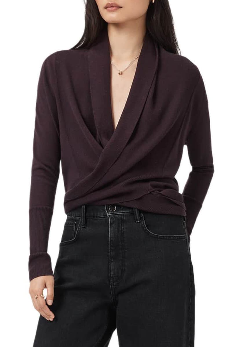 AllSaints Wasson Pirate Wrap Merino Wool Cardigan, Main, color, Oxblood