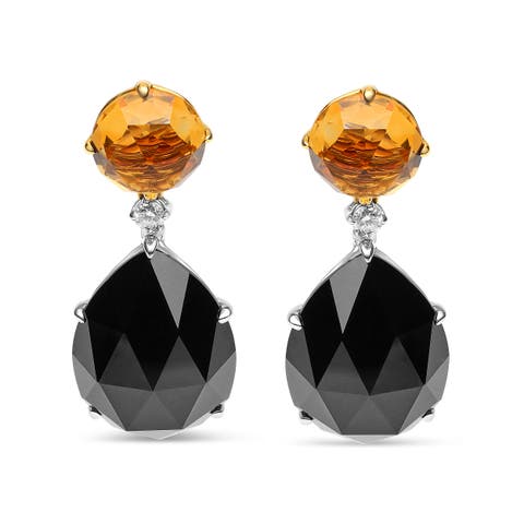 18K Gold 1/5 Ct Diamond with Citrine & Pear Cut Black Onyx Gemstone Dangle Earring