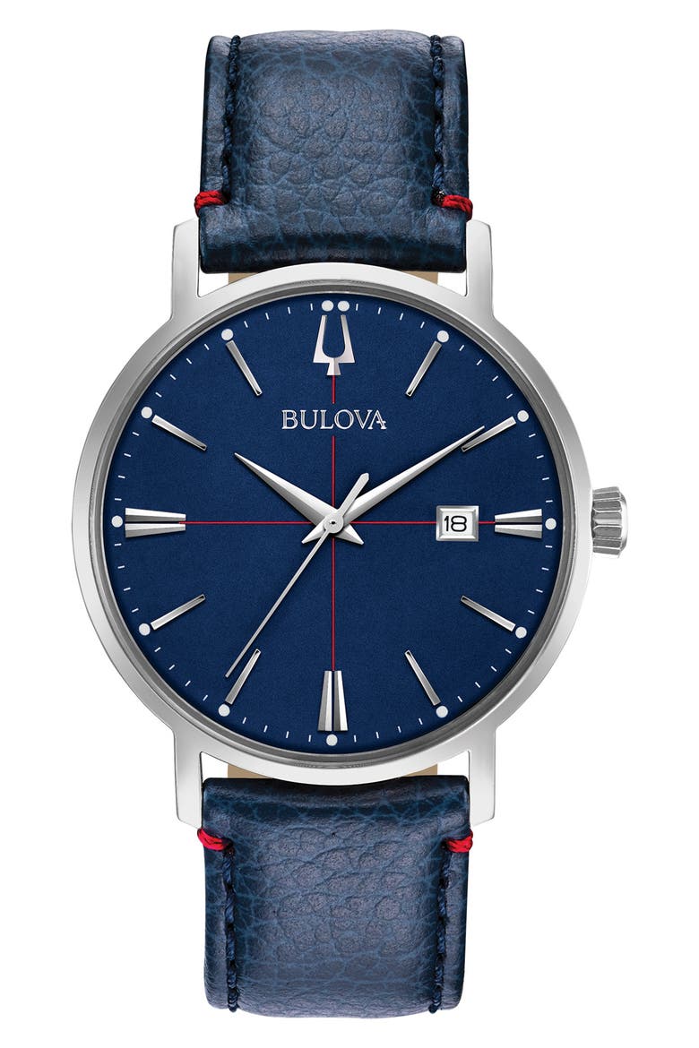 Three Hand Quartz Leather Strap Watch, 39mm, Main, color, BLUE