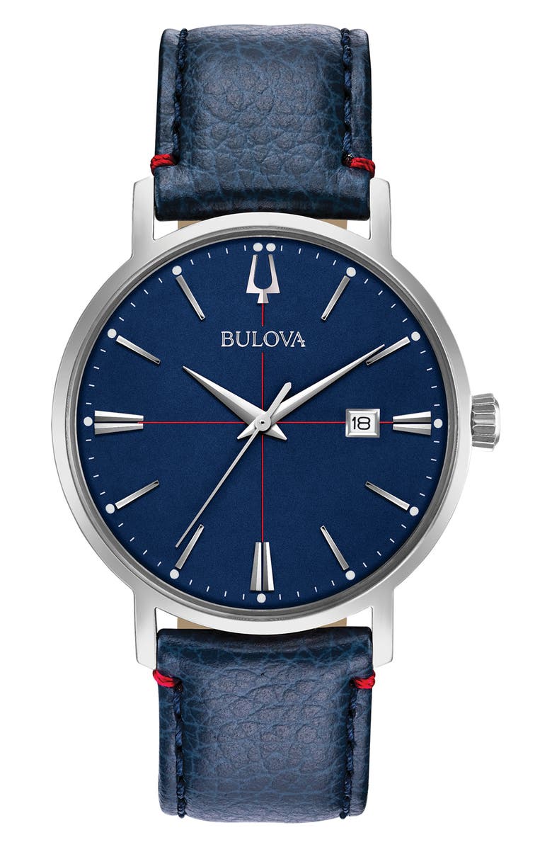 BULOVA Three Hand Quartz Leather Strap Watch, 39mm, Main, color, Blue