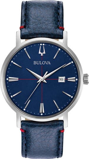 Three Hand Quartz Leather Strap Watch, 39mm