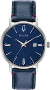 BULOVA Three Hand Quartz Leather Strap Watch, 39mm